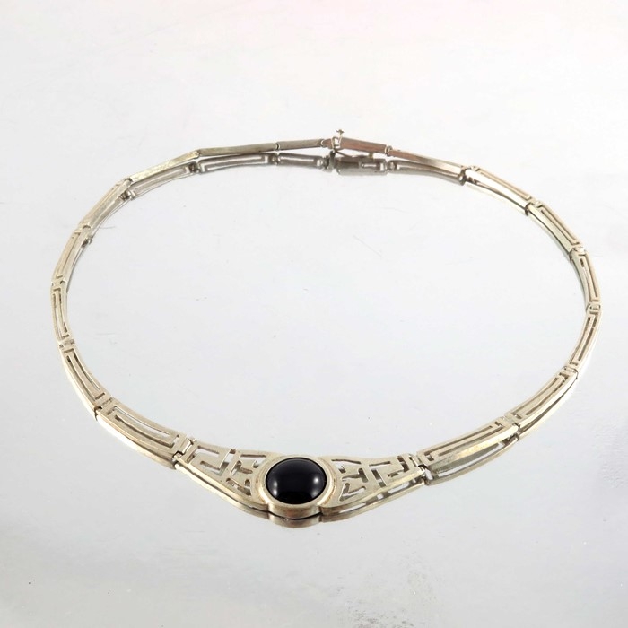 Silver & Onyx Necklace Modernist Necklace with Cabuchon Stone